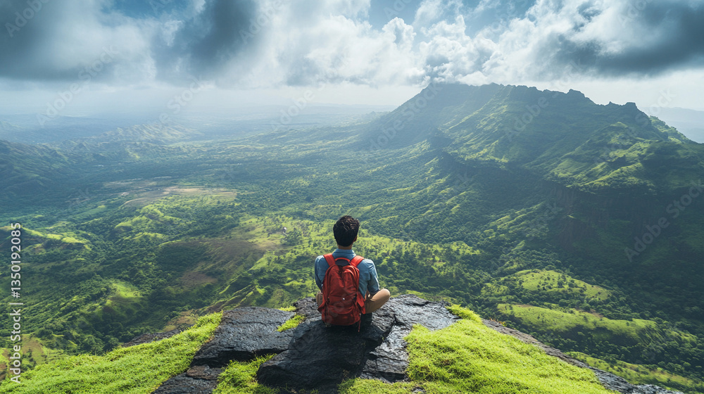 Hiker enjoys breathtaking mountain view at sunrise Hiker enjoys breathtaking mountain view at sunrise