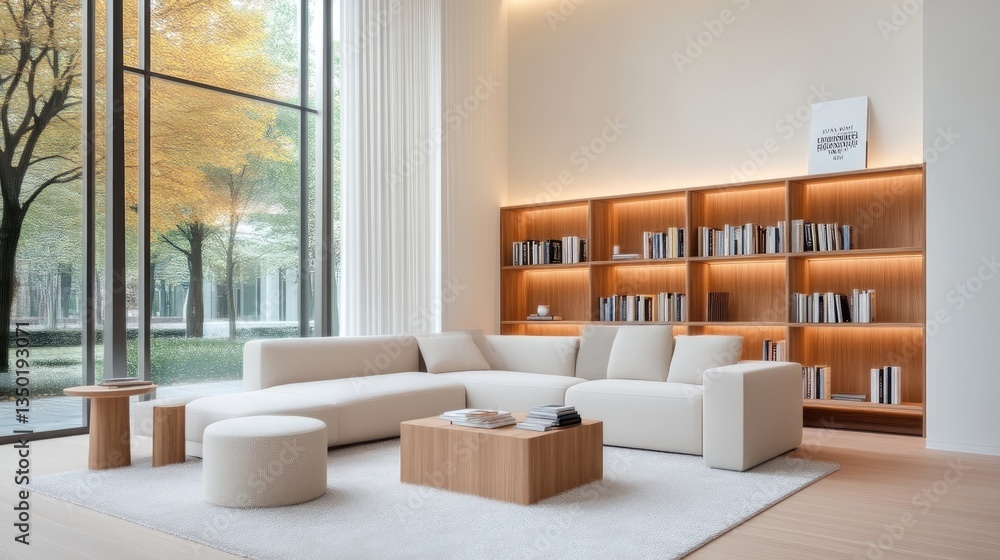 Modern minimalist living room with warm wooden tones and large windows Modern minimalist living room with warm wooden tones and large windows