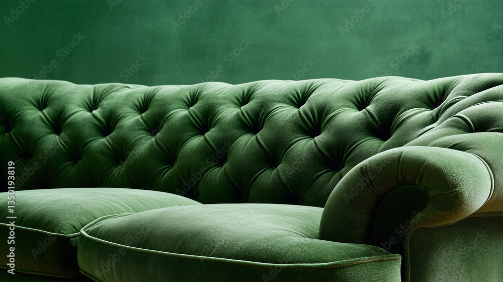 Obraz premium Luxurious green velvet tufted sofa with elegant classic design in a matching green background