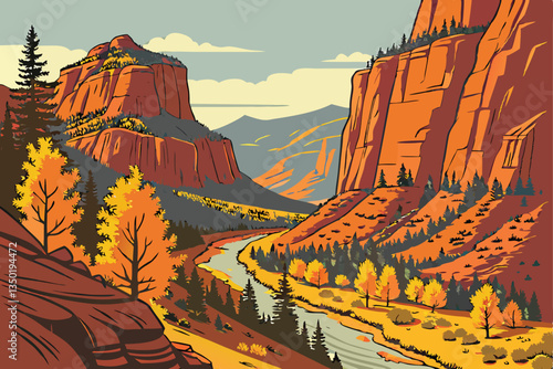 Carta da parati 15 Canyon landscape, autumn colors, red rock formations, winding river, distant