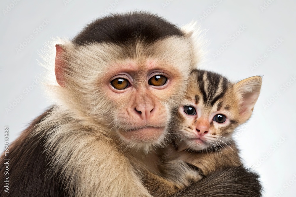 Cute monkey holds kitten in a heartwarming display of friendship in a studio setting Cute monkey holds kitten in a heartwarming display of friendship in a studio setting