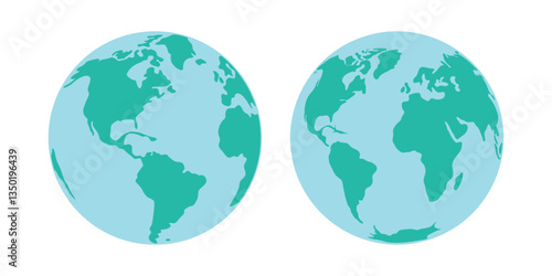 Two Earth Globes from different angles. World map on a white background. Illustration.