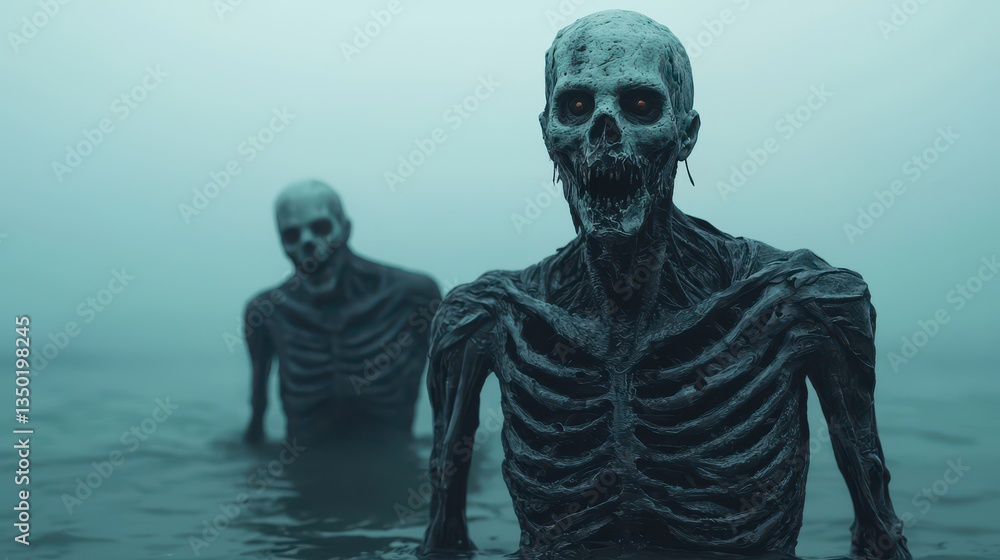Two eerie skeletons emerge from a misty water, creating a haunting atmosphere filled with mystery and suspense. Two eerie skeletons emerge from a misty water, creating a haunting atmosphere filled with mystery and suspense.