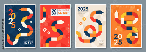 Set of greeting cards with vibrant illustration for 2025 Year of the Snake featuring a geometric snake in blue, yellow and white on a red background with circles, stars. Modern Christmas posters