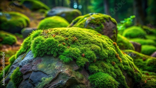 Lush Green Moss Covering Rocks in a Forest Scene A Stunning Display of Nature's Beauty for Posters, Patterns & Banner Templates