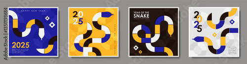 Set of 4 Greeting cards with vibrant illustration for 2025 Year of the Snake featuring geometric snake in blue, yellow, black and white colors with circles. Modern trendy square posters, postcards