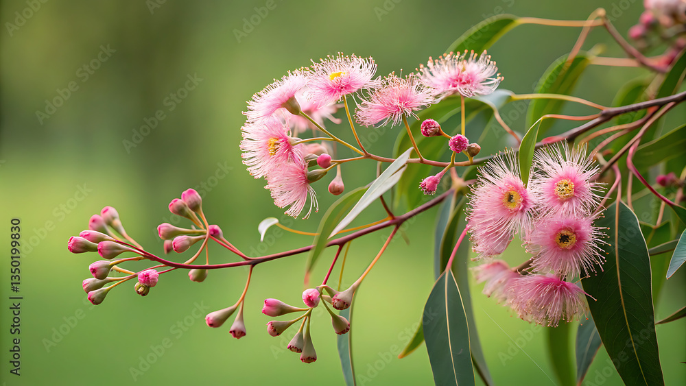close-up of vibrant pink eucalyptus blossoms with delicate, feathery petals, set against a soft, out-of-focus green background, showcasing the natural textures and colors of the flowers and leaves wit close-up of vibrant pink eucalyptus blossoms with delicate, feathery petals, set against a soft, out-of-focus green background, showcasing the natural textures and colors of the flowers and leaves wit