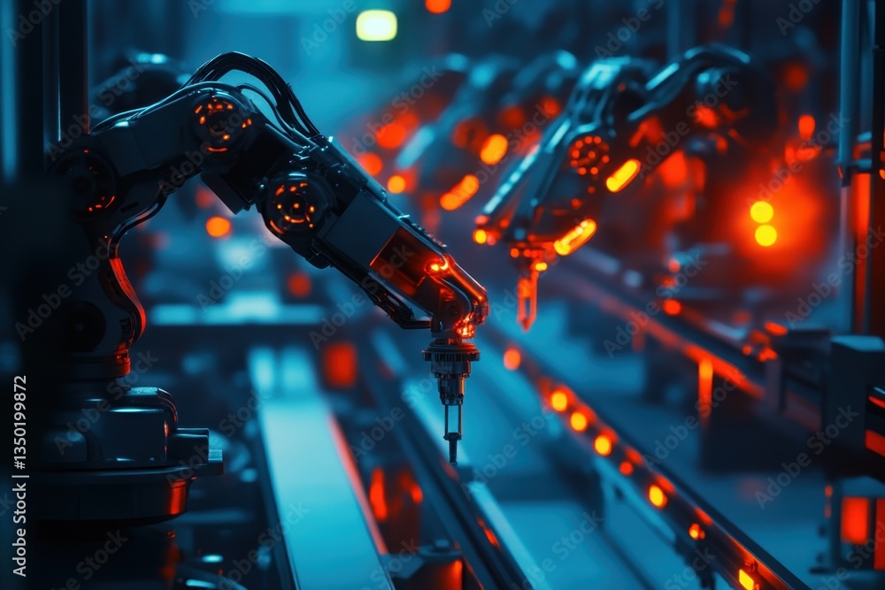 High-tech robotic arms working in a modern industrial facility at night High-tech robotic arms working in a modern industrial facility at night