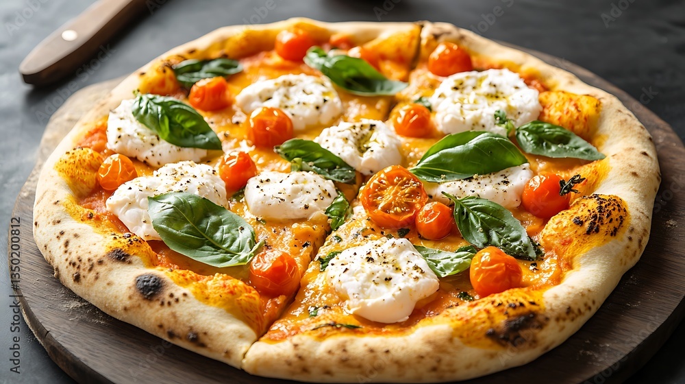 Delicious Margherita Pizza on Wood Board. Delicious Margherita Pizza on Wood Board.