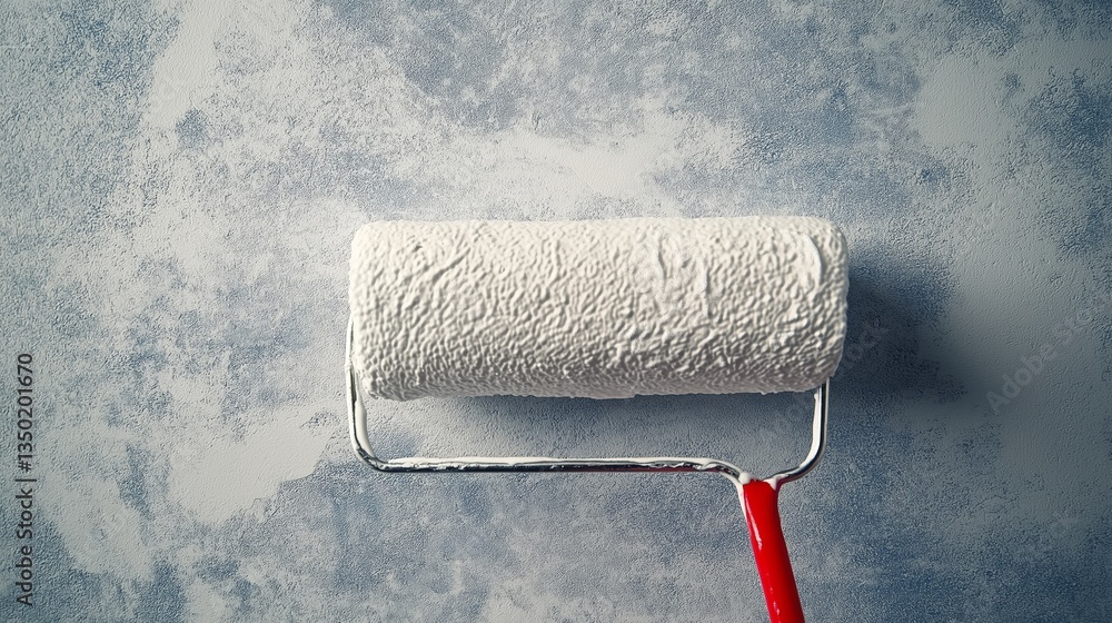 Obraz premium Painting tools with a white roller on a textured gray wall in a home renovation setting