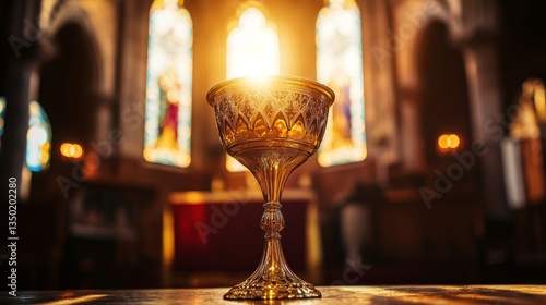 Golden chalice filled with wine on ornate altar in chapel