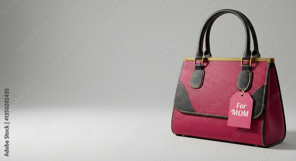 Close up of a pink and black handbag with a tag that says for mom on a plain background studio shot Close up of a pink and black handbag with a tag that says for mom on a plain background studio shot