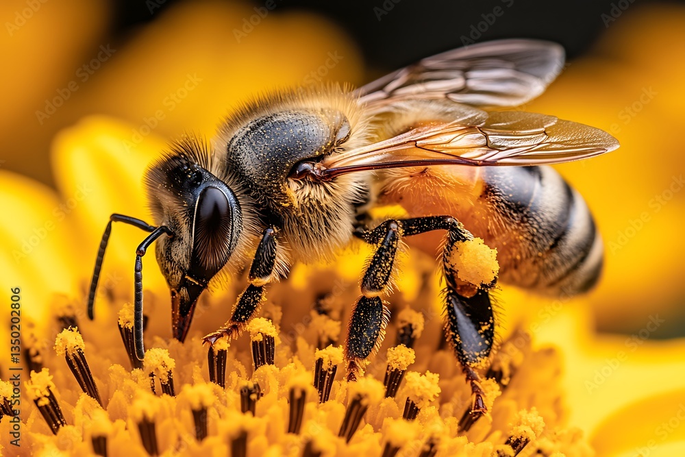 Honeybee pollinating yellow flower. Honeybee pollinating yellow flower.