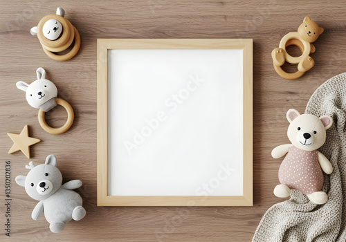Wallpaper Mural Blank Square Wooden Frame Mockup for Nursery Art Lay Flat with Baby Toys and Accessories Torontodigital.ca