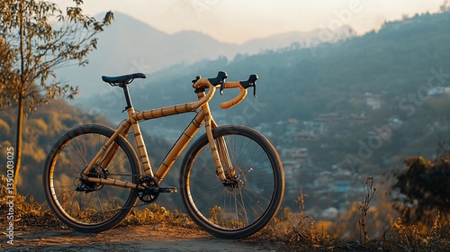 Bamboo gravel bike overlooking mountain village at sunset