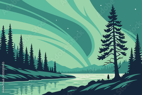 20 Aurora borealis, northern lights, night sky, forest silhouette, reflective lake, winter landscape, ethereal glow, vibrant green and blue colors, starry night, atmospheric phenomenon, snowy shore, p