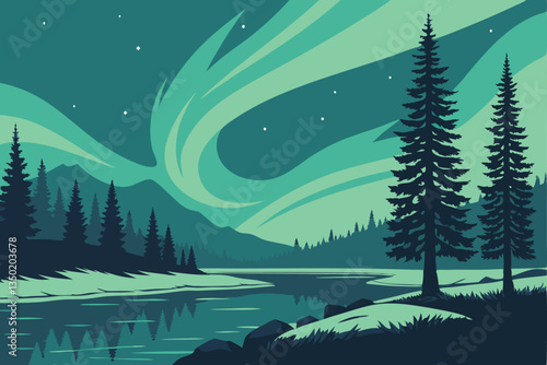 20 Aurora borealis, northern lights, night sky, forest silhouette, reflective lake, winter landscape, ethereal glow, vibrant green and blue colors, starry night, atmospheric phenomenon, snowy shore, p