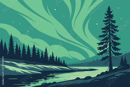 20 Aurora borealis, northern lights, night sky, forest silhouette, reflective lake, winter landscape, ethereal glow, vibrant green and blue colors, starry night, atmospheric phenomenon, snowy shore, p