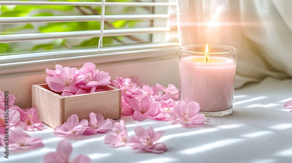 Pink candle and cherry blossoms on windowsill. Pink candle and cherry blossoms on windowsill.