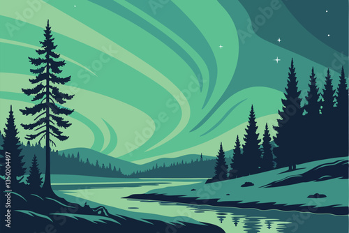 20 Aurora borealis, northern lights, night sky, forest silhouette, reflective lake, winter landscape, ethereal glow, vibrant green and blue colors, starry night, atmospheric phenomenon, snowy shore, p