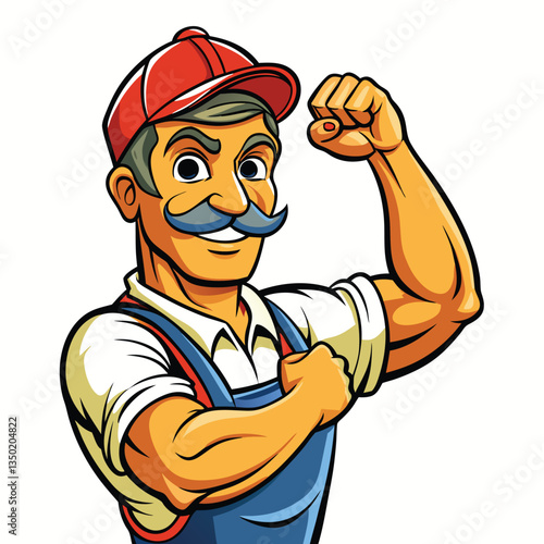 Cartoon strong worker in overalls