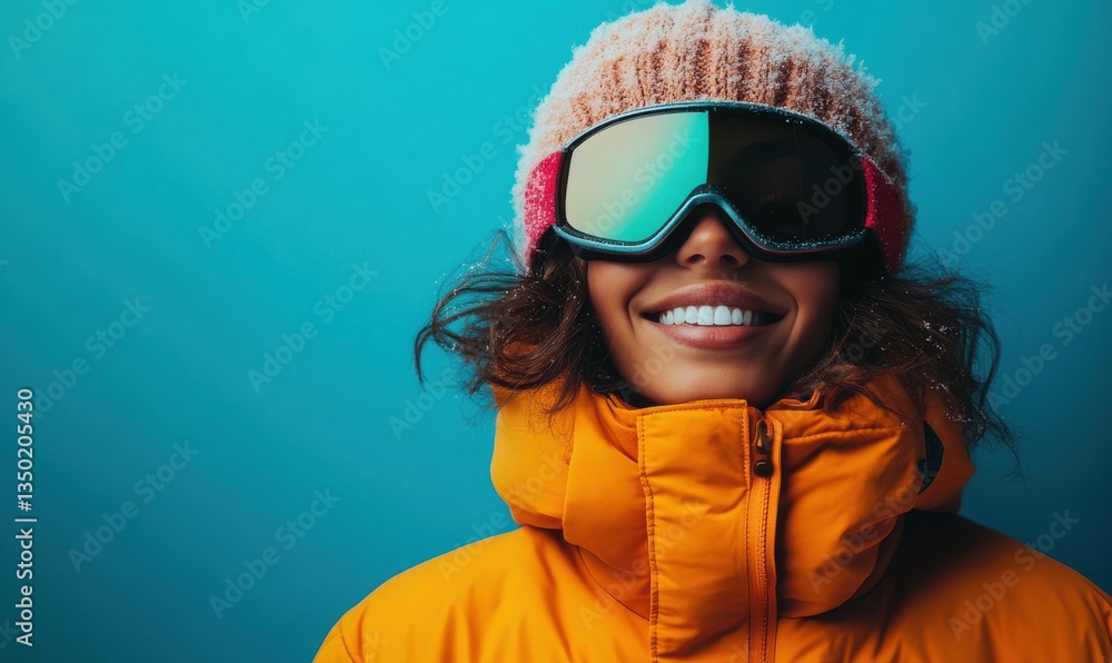 Smiling individual wearing ski goggles and winter gear against a vibrant background Smiling individual wearing ski goggles and winter gear against a vibrant background