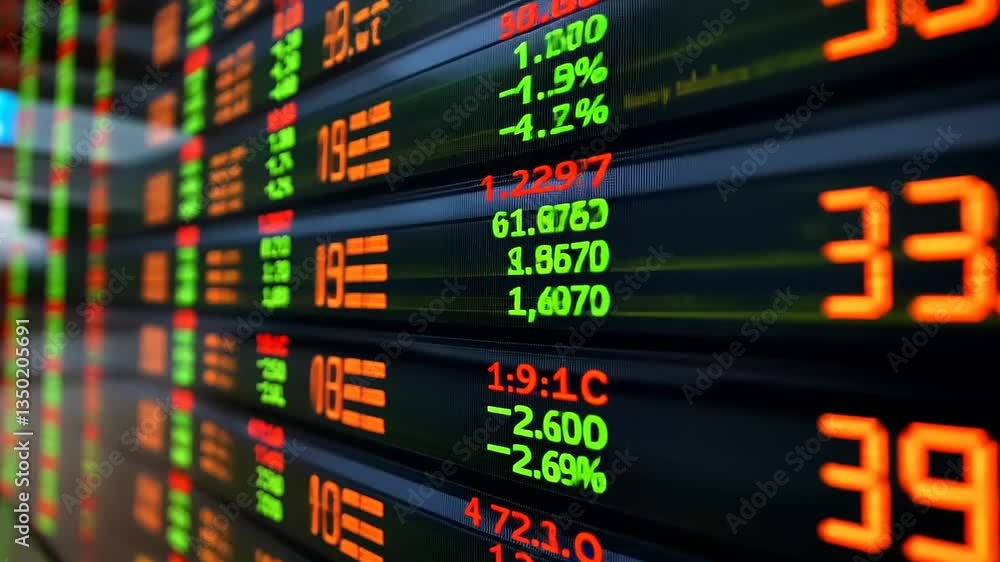 Stock market display showing fluctuating prices and trading volumes in a financial trading environment Stock market display showing fluctuating prices and trading volumes in a financial trading environment