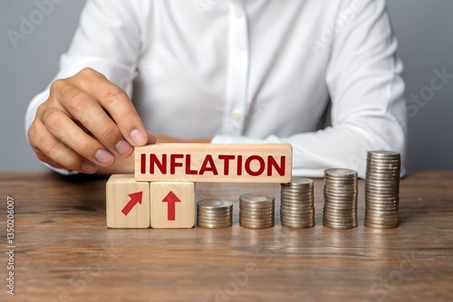 Wallpaper Mural Hand putting wooden cube and inflation word a on coins in idea for FED consider interest rate hike, world economics, and inflation control, US dollar inflation Torontodigital.ca