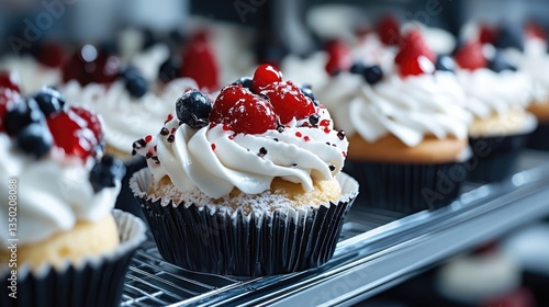 Freshly baked cupcakes with creamy frosting and berries