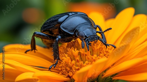Beetle resting on vibrant orange flower in garden with soft, blurred background