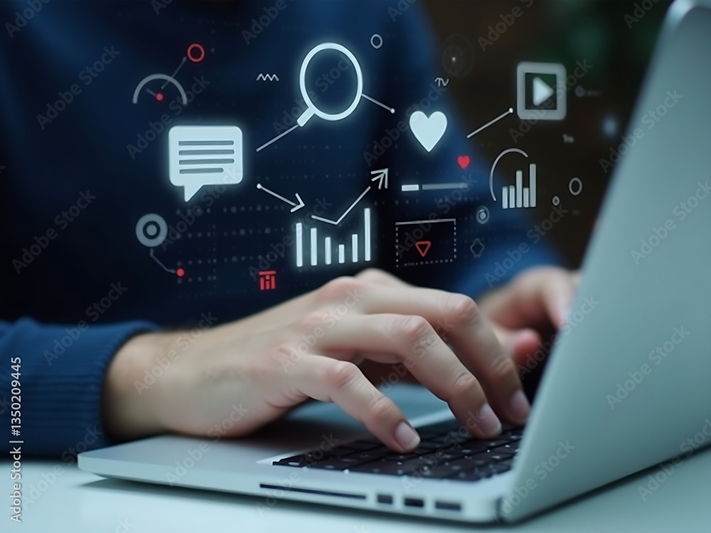 Close-up of hands typing on a silver laptop with digital icons overlaying, symbolizing communication, search, and data analysis. A modern tech and business concept. Close-up of hands typing on a silver laptop with digital icons overlaying, symbolizing communication, search, and data analysis. A modern tech and business concept.
