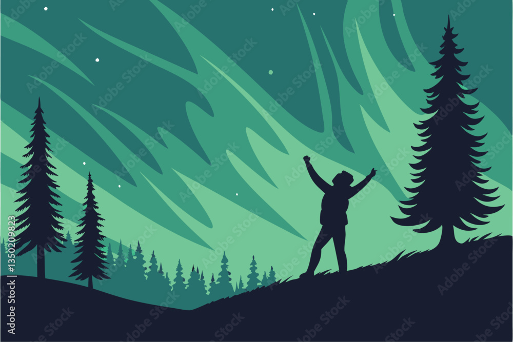 21 Aurora borealis, northern lights, silhouette figure with arms raised, night sky, starry night, green and teal lights, forest treeline, evergreen trees, winter landscape, magical atmosphere, awe-ins 21 Aurora borealis, northern lights, silhouette figure with arms raised, night sky, starry night, green and teal lights, forest treeline, evergreen trees, winter landscape, magical atmosphere, awe-ins