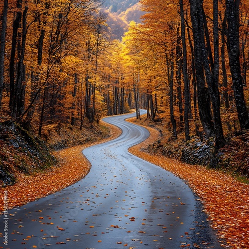 Autumn forest winding path through trees high resolution hd photo