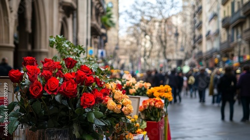 Sant Jordi (Barcelona, Spain), Sant Jordi Festival, Spain Traditional Festival, tradition of giving roses and books in Spain, Culture, Heritage, Cultural Heritage, Events, Roses, Books, Generative AI