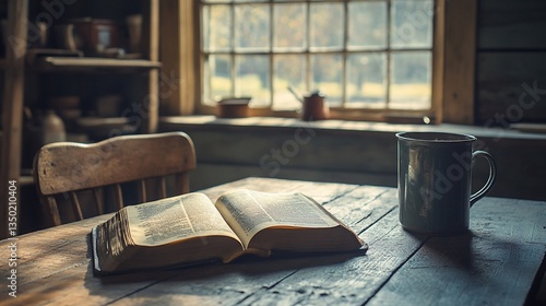 Bible open with mug, on wood table, rustic room. Autumn view through window