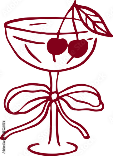 Cocktail with cherry and bow. Coquette rococo art.