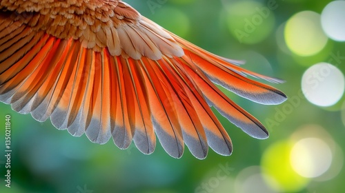 Bird wing extending with orange and white feathers against a green bokeh backdrop