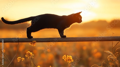 Black cat walking fence during golden sunset over field with blurred flowers