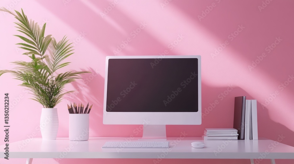 Fototapeta premium Pink room, desktop computer mockup, plant, books, sunlight