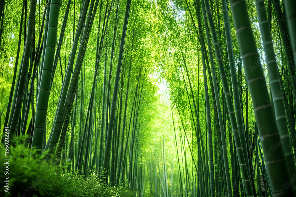 Fototapeta premium realistic bamboo forest exudes a peaceful and enchanting ambiance, as towering stalks create a serene and visually stunning environment,colourful vibes