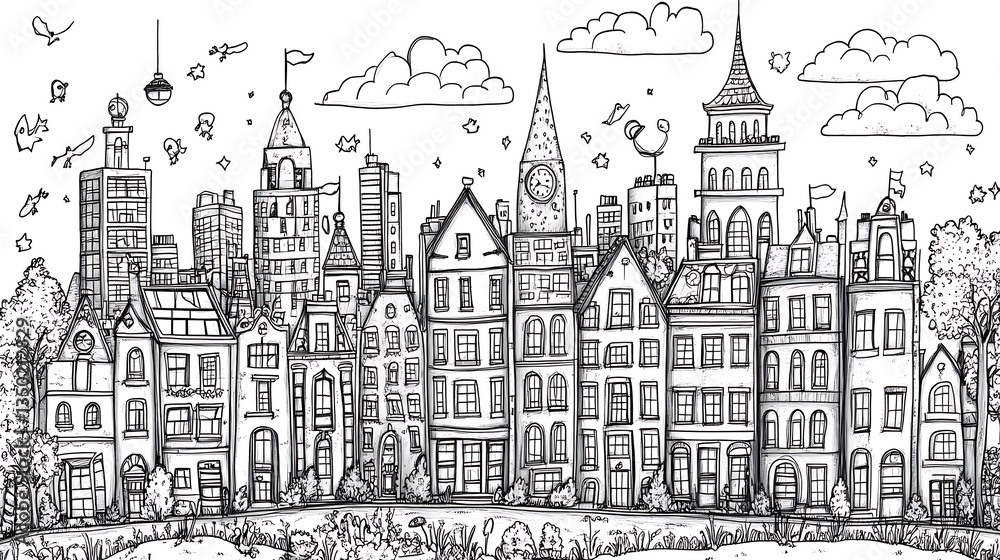 Obraz premium Creative hand-drawn cityscape whimsical illustration high resolution hd photo image