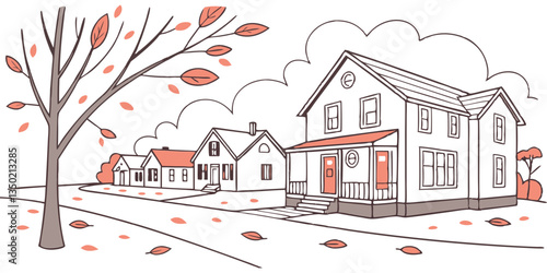 Autumn Street Suburb District Houses Vector Illustration