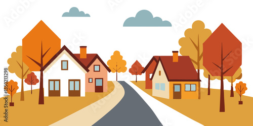 Autumn Street Suburb District Houses Vector Illustration