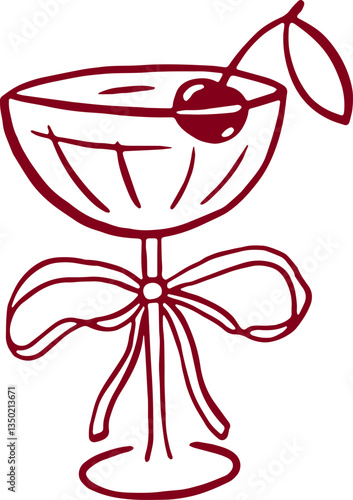 Cocktail with cherry and bow. Coquette rococo art.