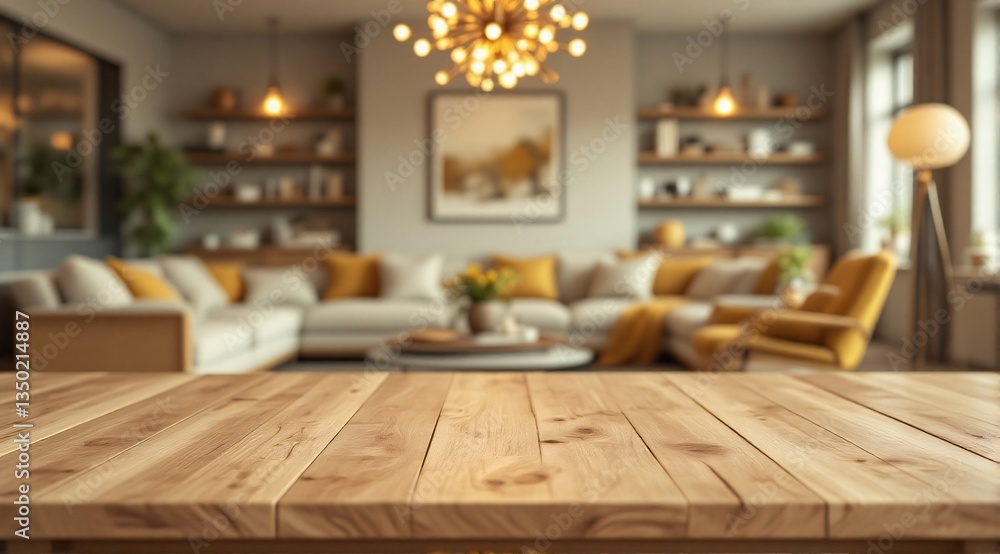 A clean wooden table is in sharp focus in the foreground, with a cozy, modern and minimalist living room faintly visible in the background. A clean wooden table is in sharp focus in the foreground, with a cozy, modern and minimalist living room faintly visible in the background.