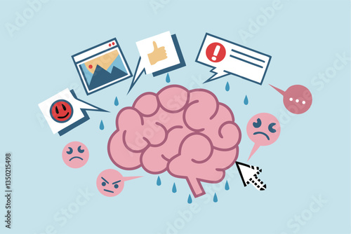 Brain rot toxic social media addiction causing depression, anxiety and negative harmful mind, online overwhelmed, cyber bullying or doomscrolling concept, human brain rot with toxic social media.