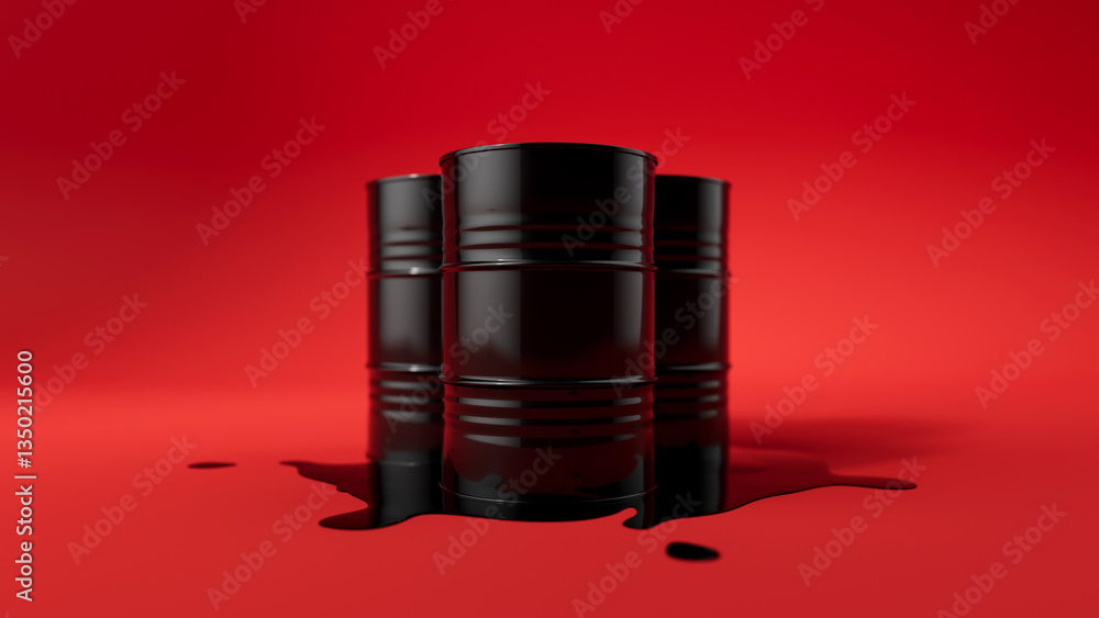 Fototapeta premium Three black metal oil barrels stand on spilled puddle of crude oil on red background. Black oil pond. Industry concept. 3d render illustration