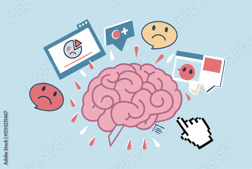 Brain rot toxic social media addiction causing depression, anxiety and negative harmful mind, online overwhelmed, cyber bullying or doomscrolling concept, human brain rot with toxic social media.