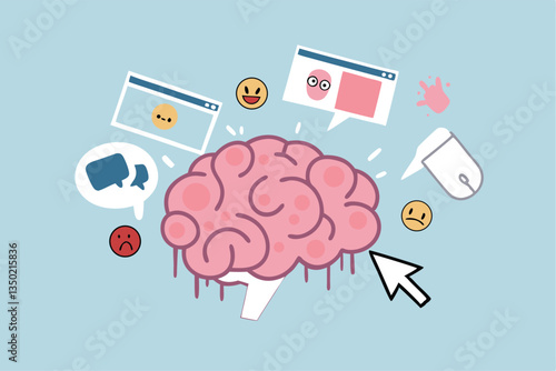 Brain rot toxic social media addiction causing depression, anxiety and negative harmful mind, online overwhelmed, cyber bullying or doomscrolling concept, human brain rot with toxic social media.
