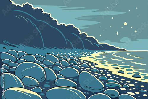 25 Glowing pebbles on beach, magical illuminated stones, bokeh lights, night photography, shallow depth of field, coastal landscape, bioluminescent rocks, dreamy atmosphere, blue and gold tones, ether